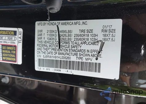 2017 Honda Cr-V Touring from USA, damaged, VIN 5J6RW1H91HL005260